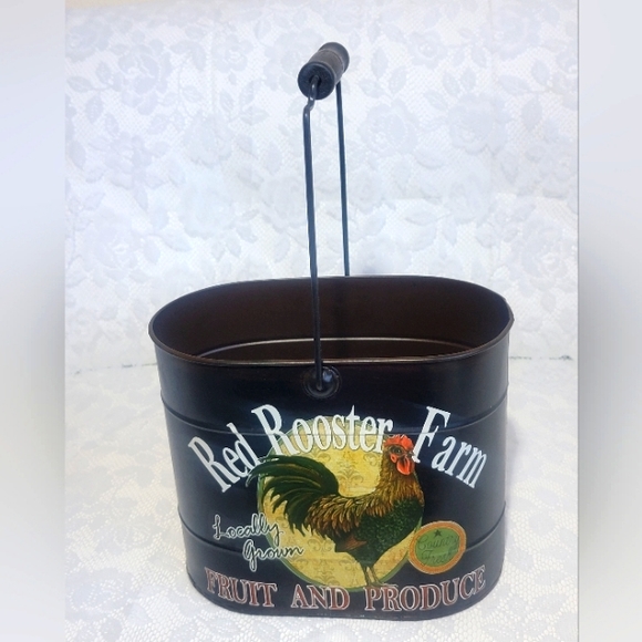 Vintage Unique Metal Bucket Red Rooster Farm Container Farmhouse Caddy Storage